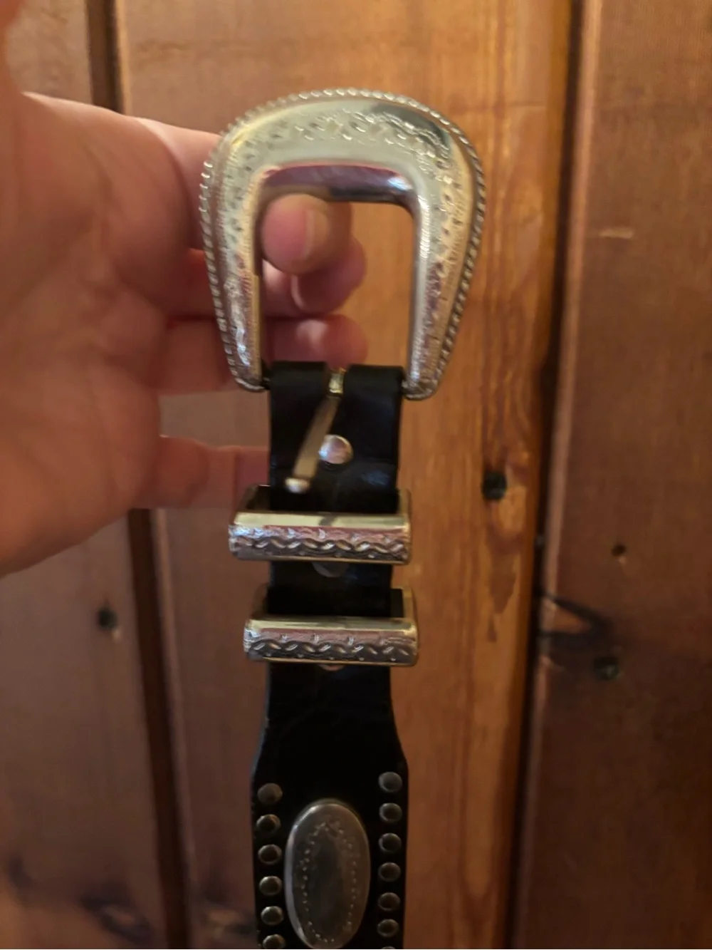 Unisex Black Leather Belt with Silver Accents